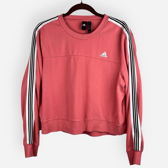 Adidas Womens Sweatshirt 3 Stripes Fleece Crew Neck Coral Pink XL Long Sleeve - Picture 1 of 9